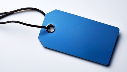 a blue price tag with a black string featuring blank lines on a white background