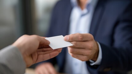 Closeup of business card being handed from one person to another, symbolizing networking and professional connections. scene conveys sense of opportunity and collaboration