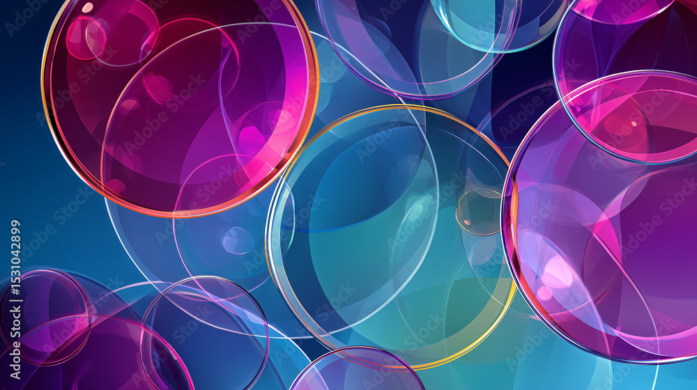 Poster an abstract background featuring numerous overlapping, translucent circles and spheres in shades of 