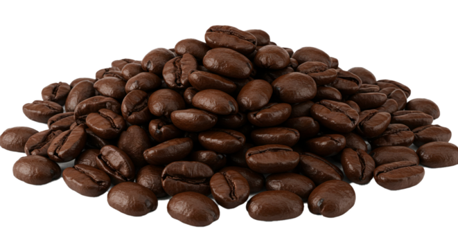Roasted coffee beans dark brown pile aromatic espresso ingredient caffeine beverage morning energy boost on transparent background - Powered by Adobe