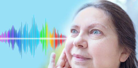 human ear closeup listening, sound wave, acoustics Auditory System, Hearing Test, Cochlear implant, Assistive listening device