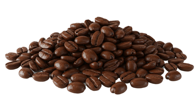 Roasted coffee beans pile close up for coffee lovers and caffeine addicts seeking a morning pick me up on transparent background