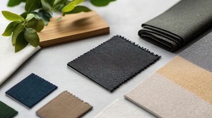 Fototapeta premium Moodboard with fabric swatches, paint samples, and cement tiles for modern interior design in neutral tones.