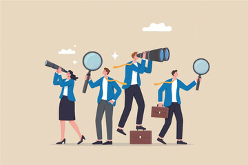 Flat Design Illustration of Four Business Professionals with Tools and Dynamic Poses Against Beige Background with White Clouds