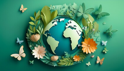 blooming planet eco concept with green earth surrounded by flowers and butterflies in a paper cut style great for earth day posters nature campaigns sustainability infographics and eco friendly ad