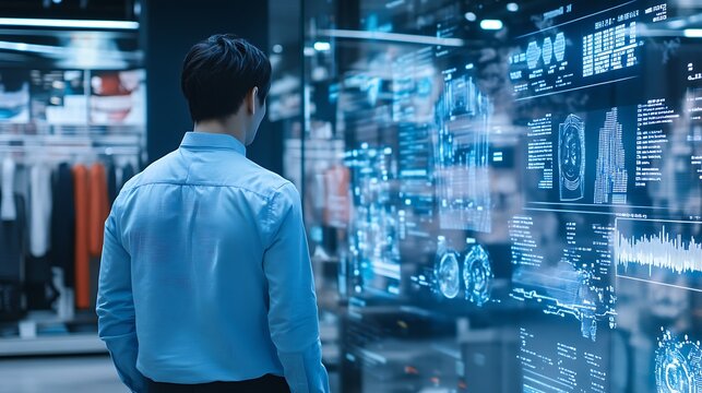 Man Analyzing Data on Futuristic Transparent Interface