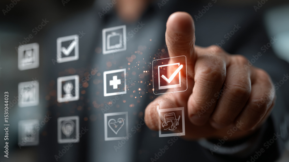 Poster person interacts with digital checklist interface, selecting options on touch screen