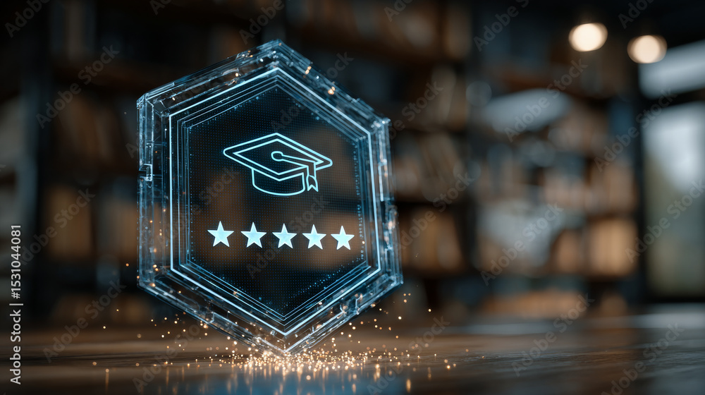 Poster digital certificate badge with graduation cap and five stars glows in library setting