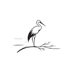 minimalist crane perched on a brach with one stoke design