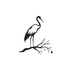 minimalist crane perched on a brach with one stoke design
