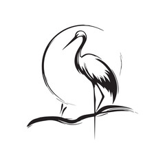 minimalist crane perched on a brach with one stoke design