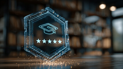 Digital certificate badge with graduation cap and five stars glows in library setting