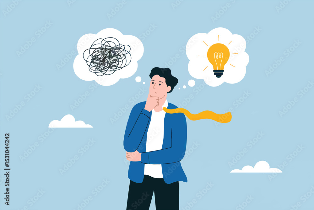 Poster vector cartoon illustration of a man choosing between a tangled mess and a lightbulb idea isolated o