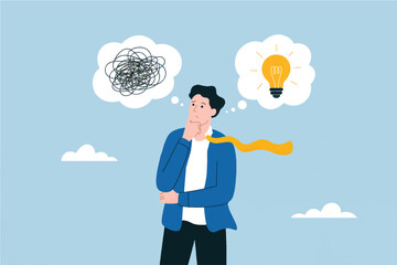 Vector cartoon illustration of a man choosing between a tangled mess and a lightbulb idea isolated on transparent background