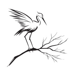 minimalist crane perched on a brach with one stoke design