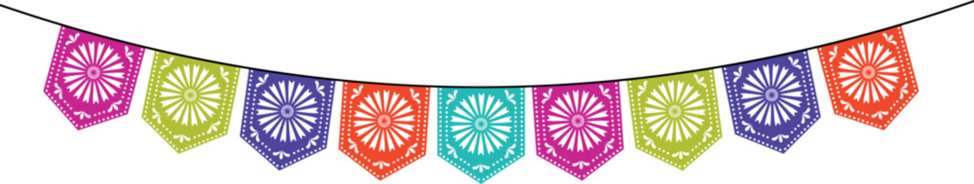 Mexican papel picado paper. Flags for holidays, weddings, parties, birthdays in Mexican style. Vector illustration isolated on transparent background.