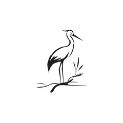 Fototapeta premium minimalist crane perched on a brach with one stoke design