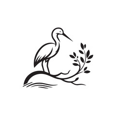 minimalist crane perched on a brach with one stoke design