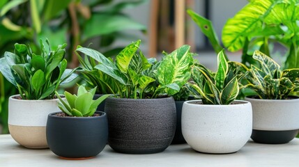 Obraz premium Stylish home garden with a variety of plants in different types of pots for a modern interior. 