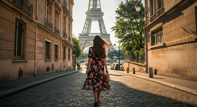 back view woman in dress walking on the street of paris