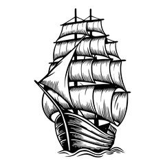 Classic sailing ship illustration with full sails, detailed rigging, and wooden hull. This vintage style sailing vessel is perfect for nautical themed projects, maritime illustrations.
