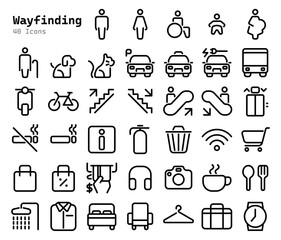 Wayfinding line icon set for public facilities and navigation editable stroke outline icons set isolated on white background flat vector illustration.