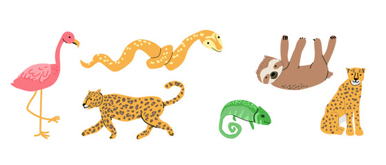 Bundle of wild tropical animals illustration included flamingo, leopard, and sloth. Set of wildlife animals vector illustrations