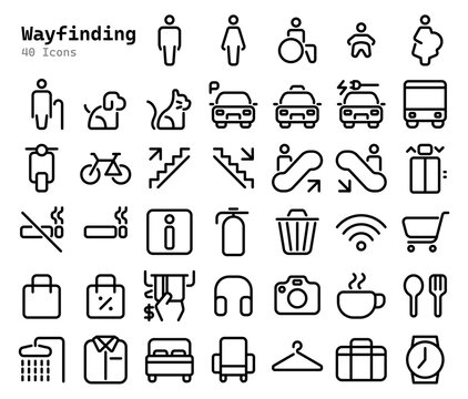 Wayfinding line icon set for public facilities and navigation editable stroke outline icons set isolated on white background flat vector illustration.