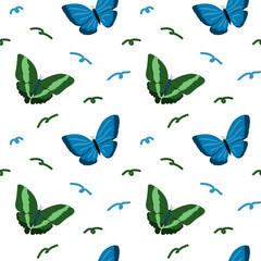 Colorful tropical butterflies and leaves pattern design for nature themed projects.