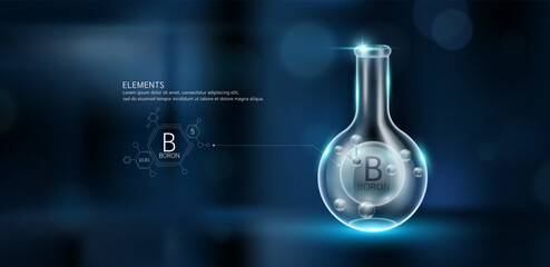 Dark grey model boron (B) molecules in glass beaker sphere test tube on dark background with atomic mass atomic number. Minerals sample science experiment. Scientific research. Vector.