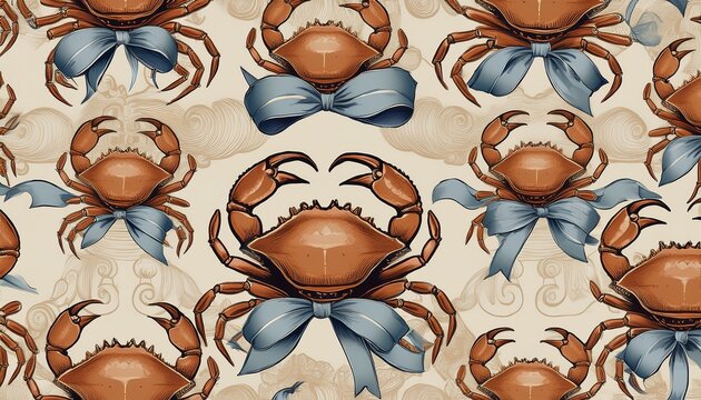 seamless pattern with hand drawn crab in ribbon frame with bow mediterranean elegant background marine vintage wallpaper with seafood crawfish summer coastal ocean print illustration
