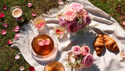 sunny aesthetic picnic breakfast with flowers floating in crystal vases croissants with tea from rose petals bouquet of flowers and candles on blanket top view outdoor