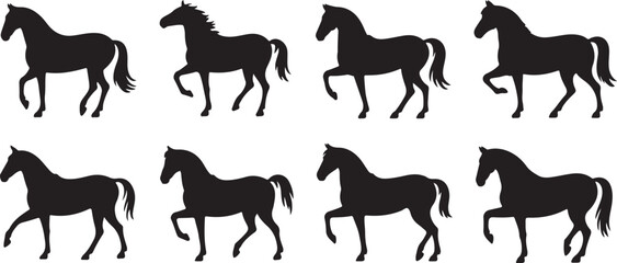 Herd of horses gallops fast. Image silhouette. Wild and domestic animals. Isolated on white background. Vector