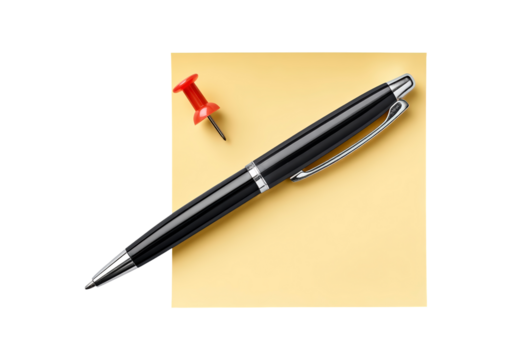 Black pen and red pushpin on yellow sticky note - office supplies close-up on transparent background, PNG