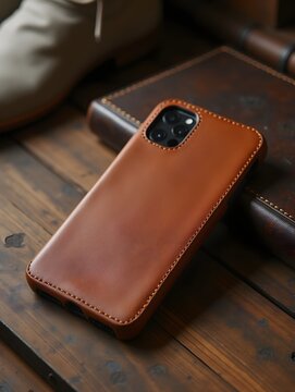 Protective leather phone cases resting on rustic wooden table