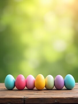 row of colorful easter eggs on wooden table and bokeh background, place for typography and logo. Rustic wooden table. Easter theme. .