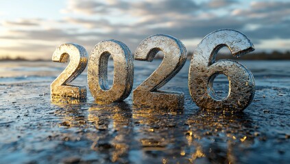 Frozen ice 2026 numbers on reflective surface at winter sunrise with dramatic sky and golden morning light Generative AI