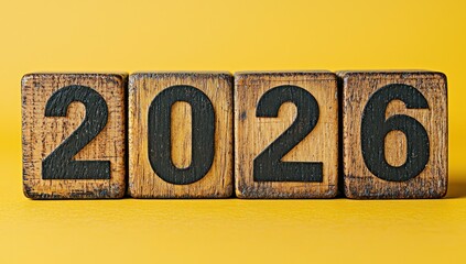 Rustic wooden blocks with bold black 2026 numbers on vibrant yellow background for new year or calendar concept Generative AI