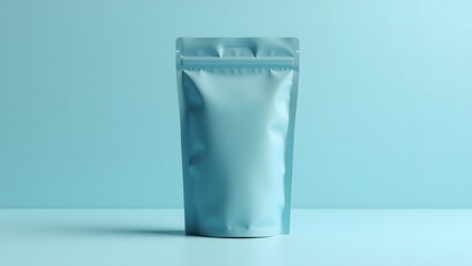 Simple and Minimalist Blank Blue Pouch Packaging Mockup with Blue Background and Natural Light