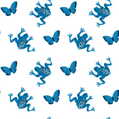 Tropical animal pattern with blue frogs and butterflies for design and decoration.