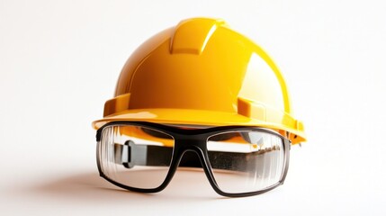 Bright yellow safety helmet and glasses