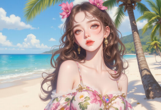 Animated manga style painting of pretty young woman in summer vacation