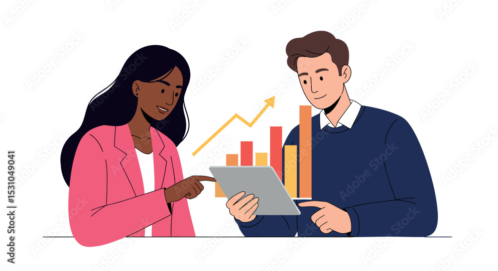 Poster collaborative business strategy and data analysis with tablet technology vector illustration