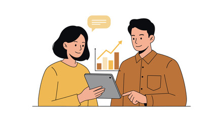 Team collaboration and data analysis using digital tablet technology vector illustration