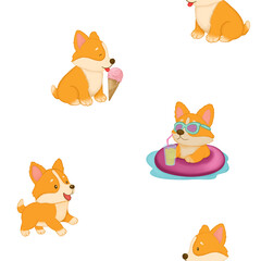 Cute Cartoon Welsh Corgi Puppy on the Beach, Seamless Repeating Background