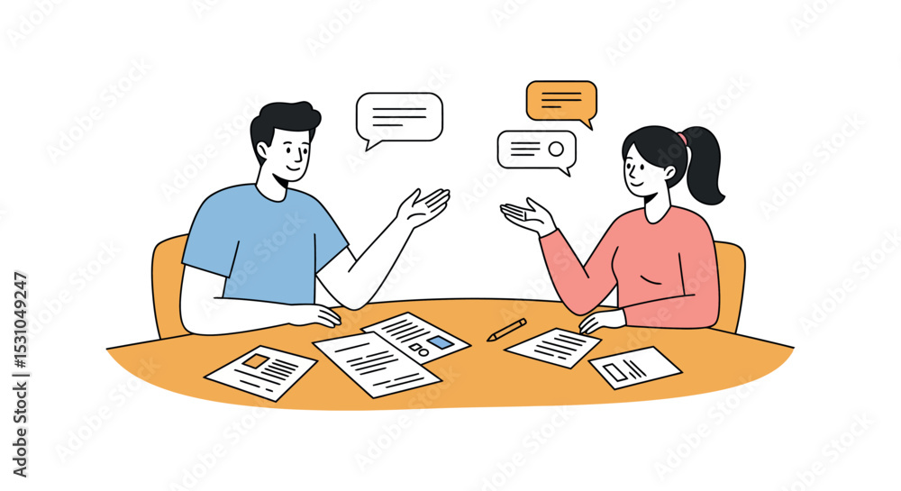 Poster animated teamwork concept with two people discussing ideas at a table vector illustration