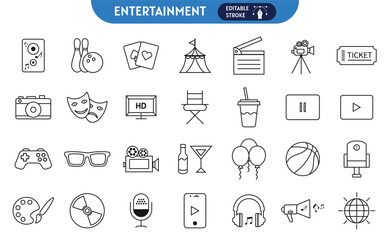 Entertainment Vector Icon Set editable stroke | Adjustable Line Weight | Bowling, theater, cinema, carousel, arcade, circus, amusement park, playground, camera, game, headphone, fun icons