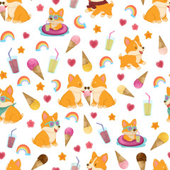 Fun Summer Pattern with Corgi, Ice Cream, Rainbows, and Drinks for Kids