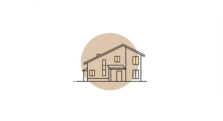 Minimalist House Line Drawing on Beige Circle, Modern Architecture.