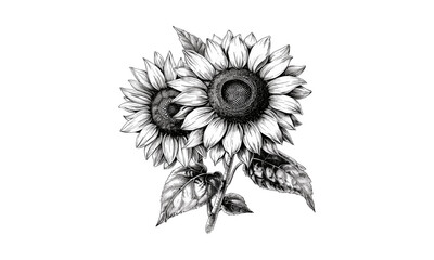 Fototapeta premium Vintage Sunflowers Helianthus Flowers Engraving, Botanical Art, Garden Plants, Floral Design, Vector Illustration, Rustic Decor, Nature Sketch, Wildflower Drawing, Floral Pattern, Bloom Print.